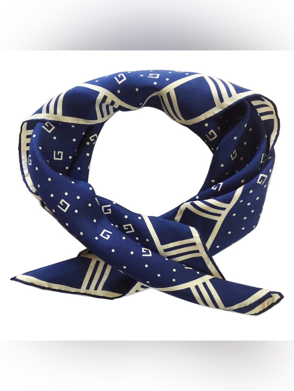 GIVENCHY Vintage Silk Scarf “G” Logo Motif  27" Square Blue & White